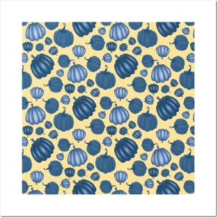 Cute Blue Pumpkin Pattern on Yellow Background Posters and Art